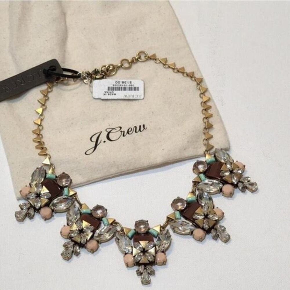 J. Crew Crystal‎ Geometric Statement Necklace Gold Brown Pink Mint New with Bag